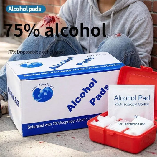 First aid box essential, 75% alcohol swabs 100 pieces per pack, skin wound disinfection and cleaning supplies
