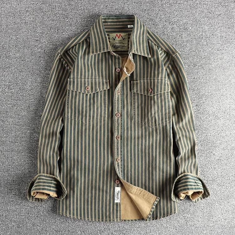 2025 Autumn And Winter New American Retro Stripe Long-Sleeve Lapel Shirt Men's Simple Fashion Washed Multi-pocket Casual Blouses