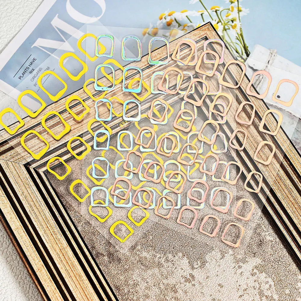 1Pc 3D Gold Hollow Irregular Geometric Nail Stickers Holo Metal Frame Gold/Silver Decals Square Self Adhesive Sliders Nail Deco