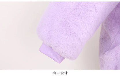 Nerazzurri Autumn Winter Sweet Cute Kawaii Soft Thick Warm Faux Fur Coat Women with Bunny Ears Cute Fluffy Jacket Hoodie 2024
