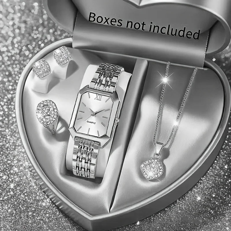 5PCS Womens Elegant Rectangle Rhinestone Quartz Watch Jewelry Set Fashion Women Watches Reloj Mujer Girl Clock Gift（Without Box）