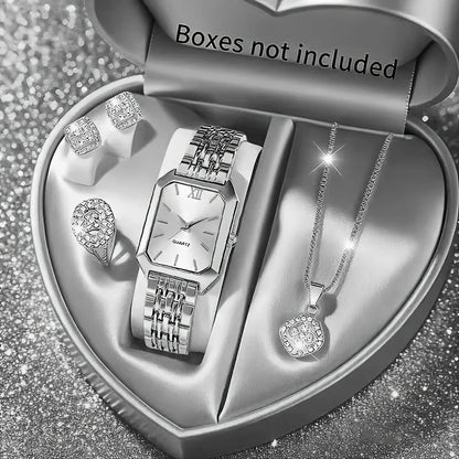 5PCS Womens Elegant Rectangle Rhinestone Quartz Watch Jewelry Set Fashion Women Watches Reloj Mujer Girl Clock Gift（Without Box）