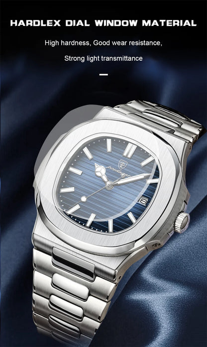 POEDAGAR Luxury Brand Men's Quartz Wristwatch Stainless Steel Waterproof Luminous Date Man Clock Square Business Watches For Men