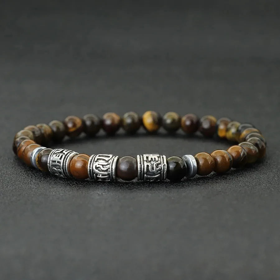 Noter Mantra Bracelet For Men 6mm Howlite Lava Tiger Eyes Beads Braslet Viking Accessories Pulseras Para Hombre Tibet Braclet