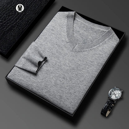 Men's V-Neck Basic Solid Color Sweatshirt Warm Autumn Knitted Oversize Pullover Elastic round Neck Sweater for Casual Wear