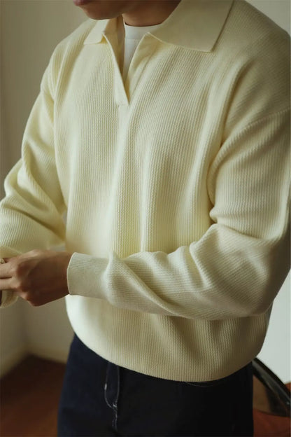 Fashion Solid Color Men Polo Kint Shirt Autumn Long Sleeve Turn-down V-neck Sweater Casual Jumper Tops Men's Knitwear Clothing