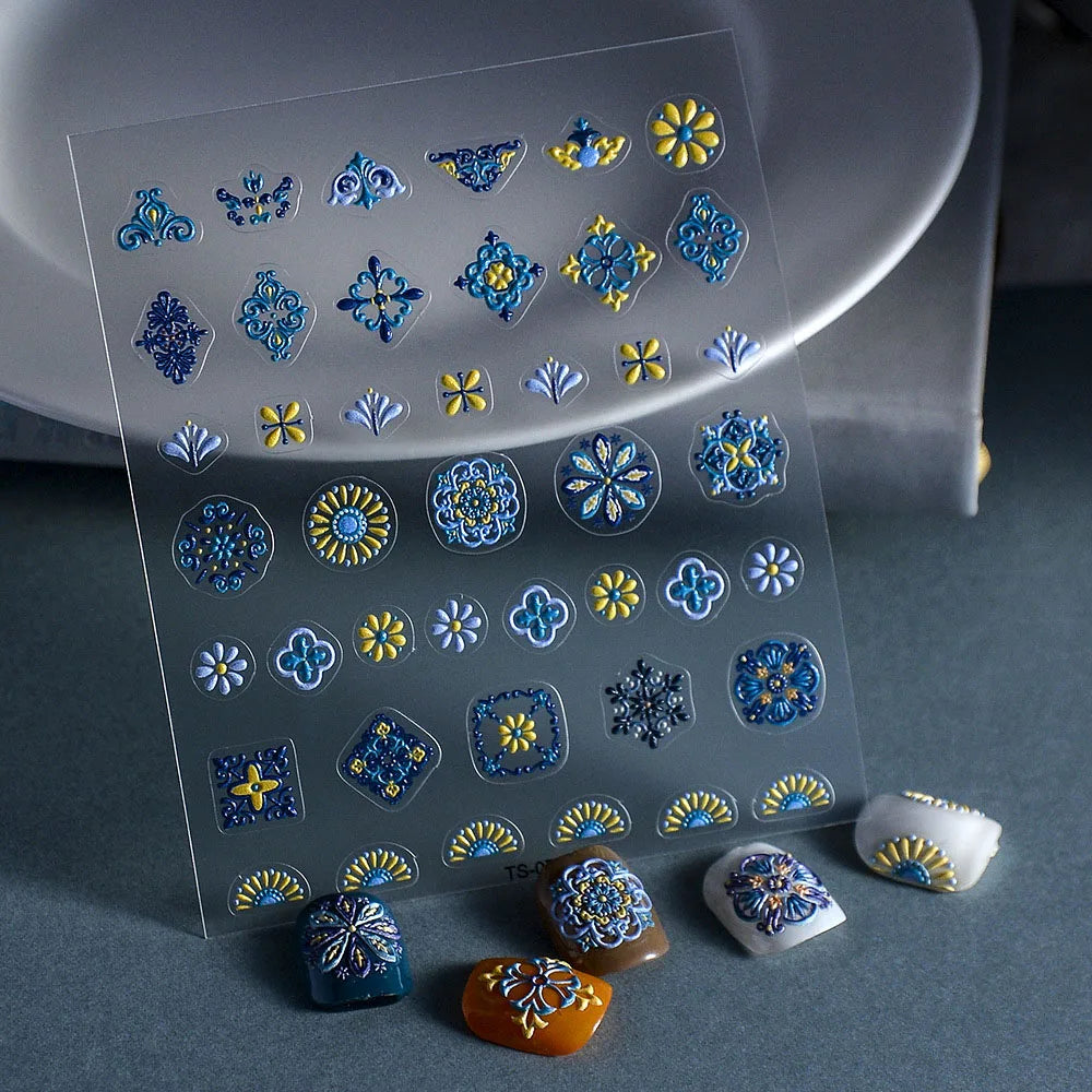 1PC Bohemia Nail Art Stickers 5D Bohemia Nail Sticker Decal Abstract Design Retro Blue Yellow Flower Self Adhesive Nail Supplies