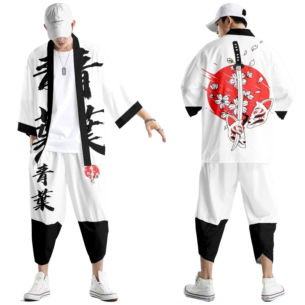 Large Size 5XL 6XL Japanese Kimono Cardigan Pants Set Print Fox Men Women Shirt Tradition Yukata Haori Obi Cosplay Costume