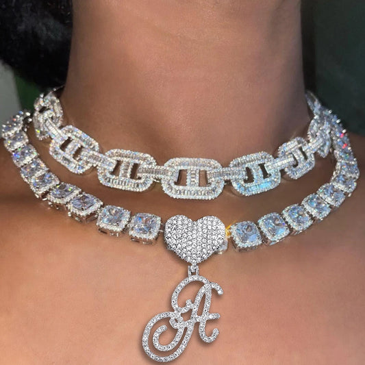 Hip Hop Bling Crystal Cursive Letter Initial Pendant Necklace Women Iced Out Cuban Choker Square Tennis Chain Necklace Jewelry