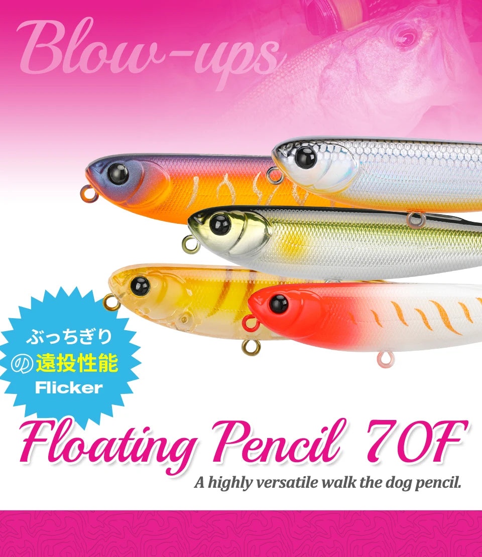 TSURINOYA FLICKER 70F Surface Fishing Lure Z Dog Floating Pencil 70mm 8.4g Chatter Artificial Hard Baits Trout Bass Pike Plug