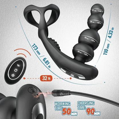 Male Prostate Massager Vibrator 360 Anal Beads Penis Ring 3 Rotation 10Vibration Modes Remote Butt Plug Sex Toys for Couples Men