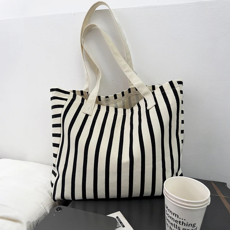 Striped Canvas Bag Beach Handbag Fashionable Women's Canvas Summer Large Capacity Shoulder Bag