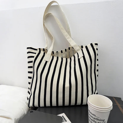 Striped Canvas Bag Beach Handbag Fashionable Women's Canvas Summer Large Capacity Shoulder Bag