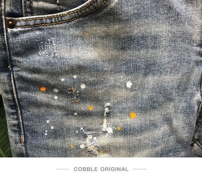 Summer Trendy Brand Handsome Denim Shorts Men's Washed Embroidered Patch Trendy Short Pants Ripped Slim-fit Elastic Middle Pants