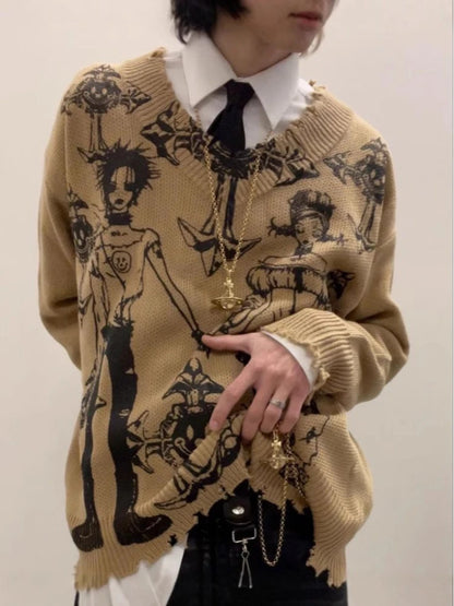 Autumn and winter new dark retro knitted jacquard sweater American street hip-hop trend V-neck loose top Y2k clothing