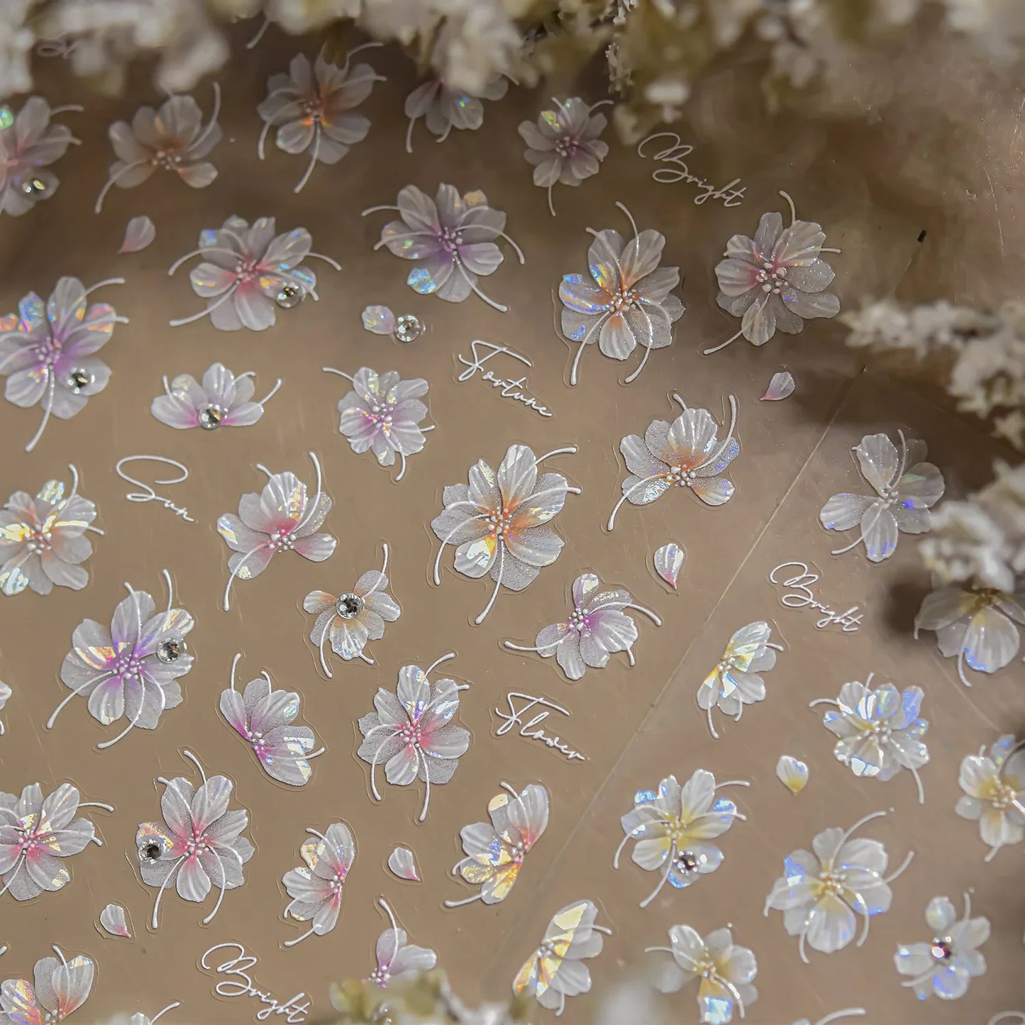 White Flower Petal Cherry Blossom Peach Blossom Falling Petal Floral Gradient 5D Self Adhesive Nail Art Sticker Manicure Decals