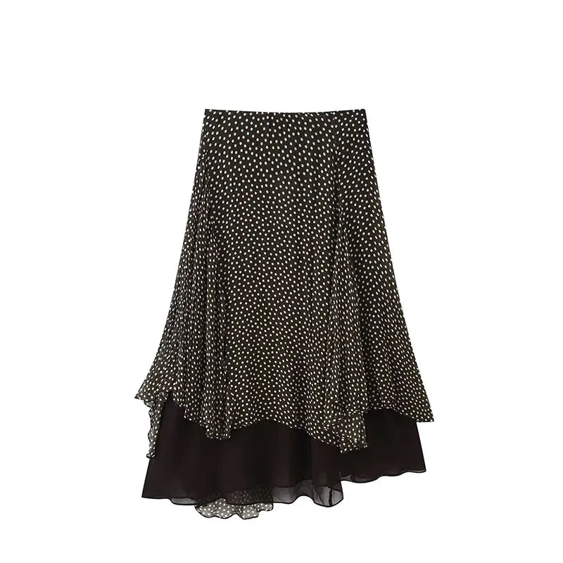 Nlzgmsj 2026 Spring Summer Women's Vintage Black Polka Dot Ruffle Hem Skirt  Asymmetrical Hem Midi Skirt