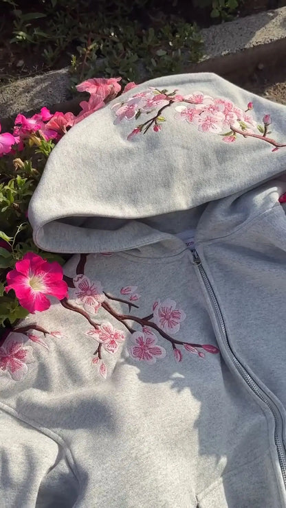 2025 Autumn/Winter Fashion Cherry Blossom Embroidery Patch Zipper Hoodie for Men and Women Y2K Harajuku Retro Gothic Casual Clow