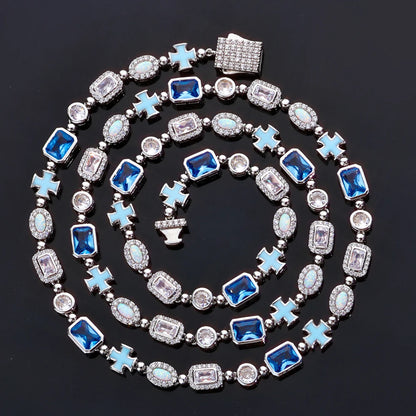 ESKEEM 6mm Geometric Blue Gemstone Necklace Oil Drip Cross Pendant Iced Out CZ Stones Opal Chain Hip Hop Jewelry Men Women Gift
