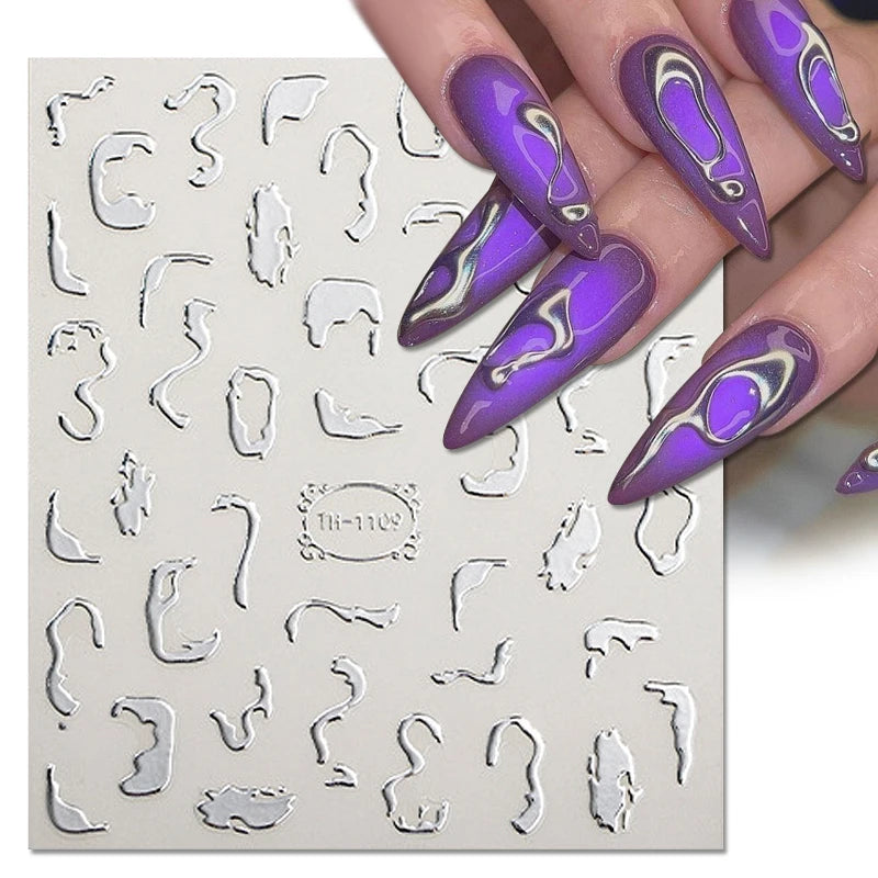 Golden Wave Line 3D Nail Sticker Marble Blue Geometry Abstract Nail Art Sliders Silver French Liner Decals Manicure Decorations