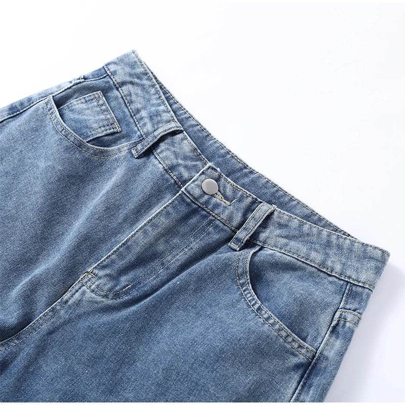 Female Vintage Leather Pocket Jeans Women Blue Zipper Straight Loose Trousers Lady New Fashion Daily Casual Spring Pants 2026