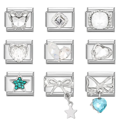 Shiny Zircon Stars Heart Bow Knot Butterfly Italian Charm Links Fit 9mm Stainless Steel Bracelet Women Jewelry DIY Making Gifts
