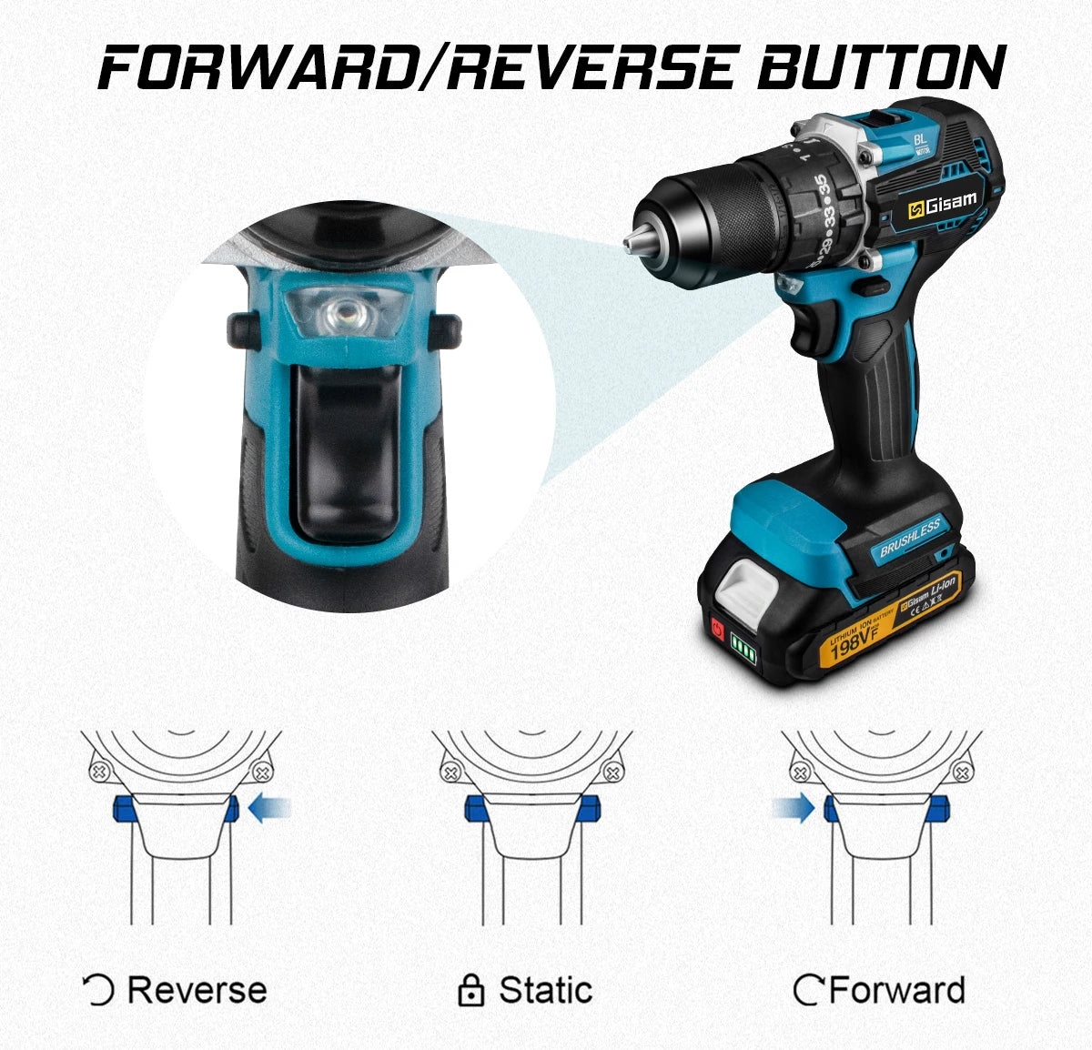GIsam 13mm Electric Drill Brushless Impact Screwdriver Dual Speed 35+3 Torque Cordless Power Tool for Makita 18V Battery Pins