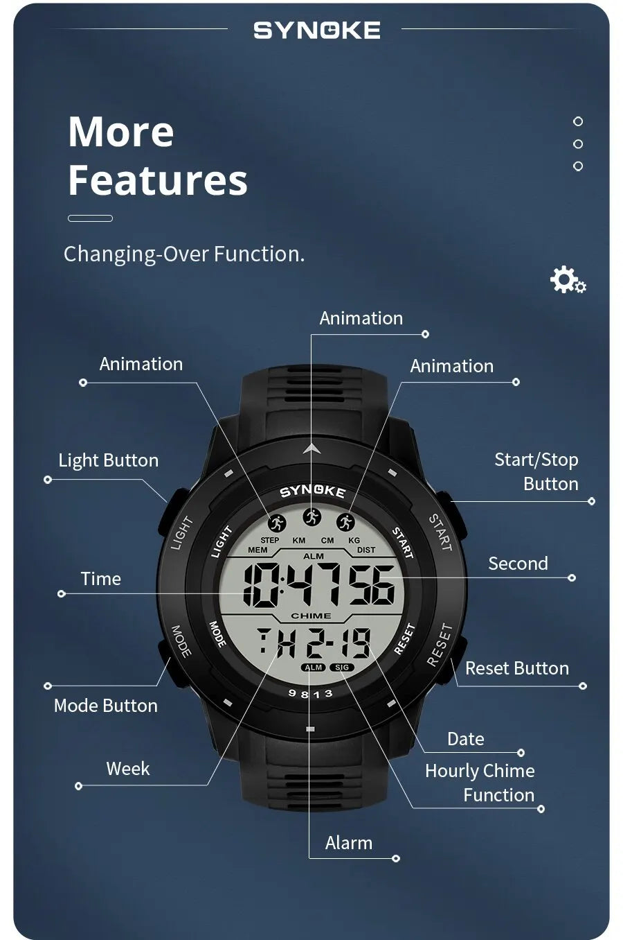 SYNOKE Men Digital Watch Sports Watches Timing Function Alarm Clock Waterproof 50M Digital Watch Military Clock Large Screen