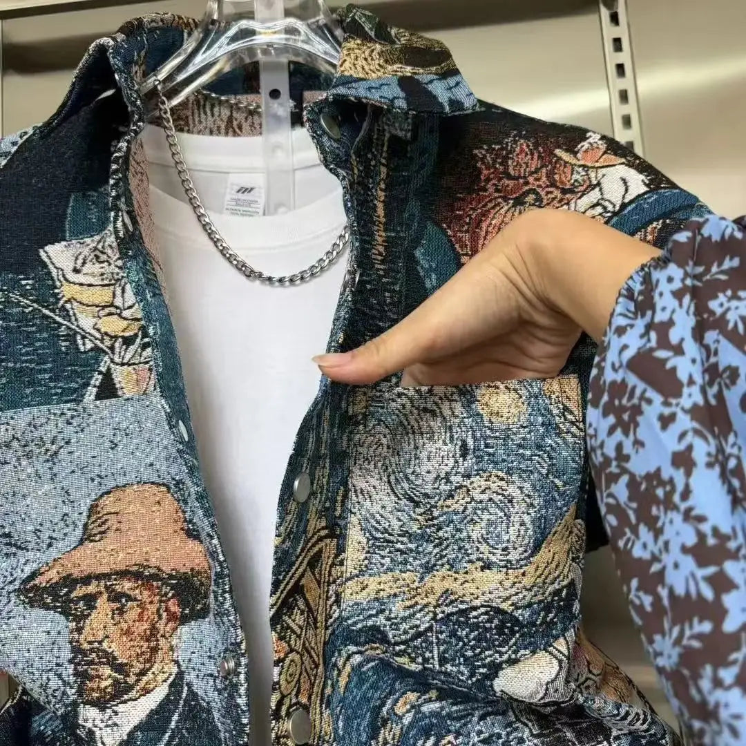 Spring Autumn Streetwear oil painting Men Set Popular Painted Shirt Jacket Trousers Fashionable Casual Versatile Two-piece Sets
