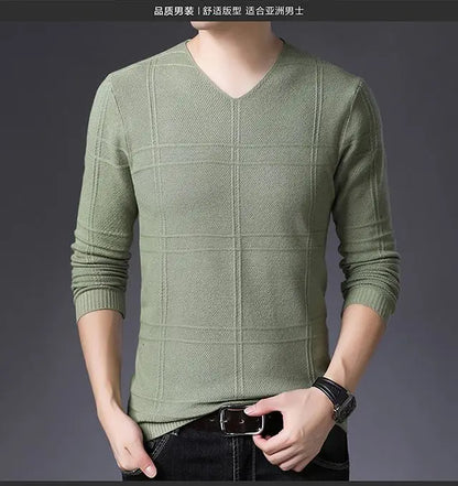 Autumn Winter New Men V-neck Pullover Sweaters Plaid Casual Korean Clothing Tees Fashion Slim Long Sleeve Bottoming Knitted Tops