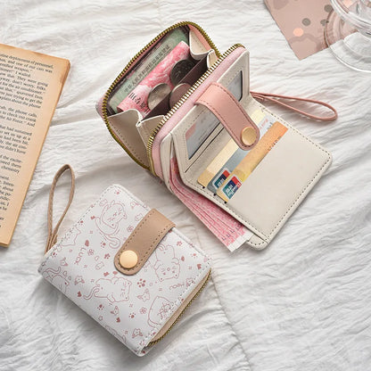 Japanese Cute Cat Girls Wallet Short Student ID Bank Card Holder Money Bag Zipper Wallets For Women Key Storage Purse Coin Purse