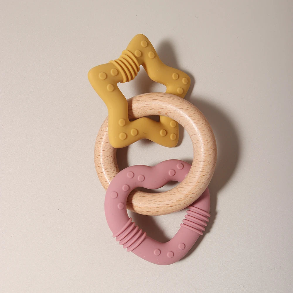 Silicone Star and Heart Teether with Teething Wooden Ring Baby Rattle Toy