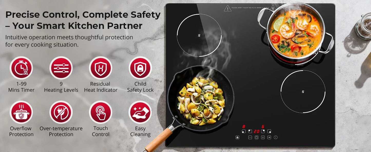 6000W Built-in Ceramic Hob, 4 Zone Induction Cooktop with Touch Control, 9 Power Levels, Timer & Child Lock, 60cm Black Glass