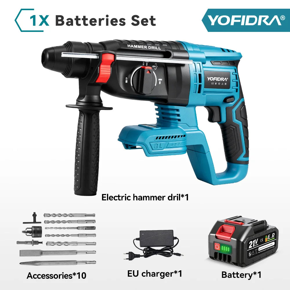YOFIDRA 26MM Brushless Electric Hammer Drill Multifunctional Rotary Cordless Rechargeable Power Tools For Makita Battery Pin