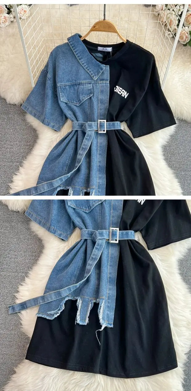Retro Hong Kong Sle Chic Casual Mid-Length round Ne Patchwork Color Denim irt with Belt Spring New Women's Faion Top