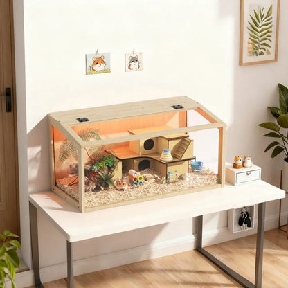 Large Wooden Hamster Cage Clear Tempered Glass Pet Small Animal Habitat Cage Playful Hutch House