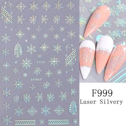 1PCS New Christmas Decorations 2023 New Year Nail Stickers Press on Nails Laser Snowflake Christmas Tree 3D Nail Decal