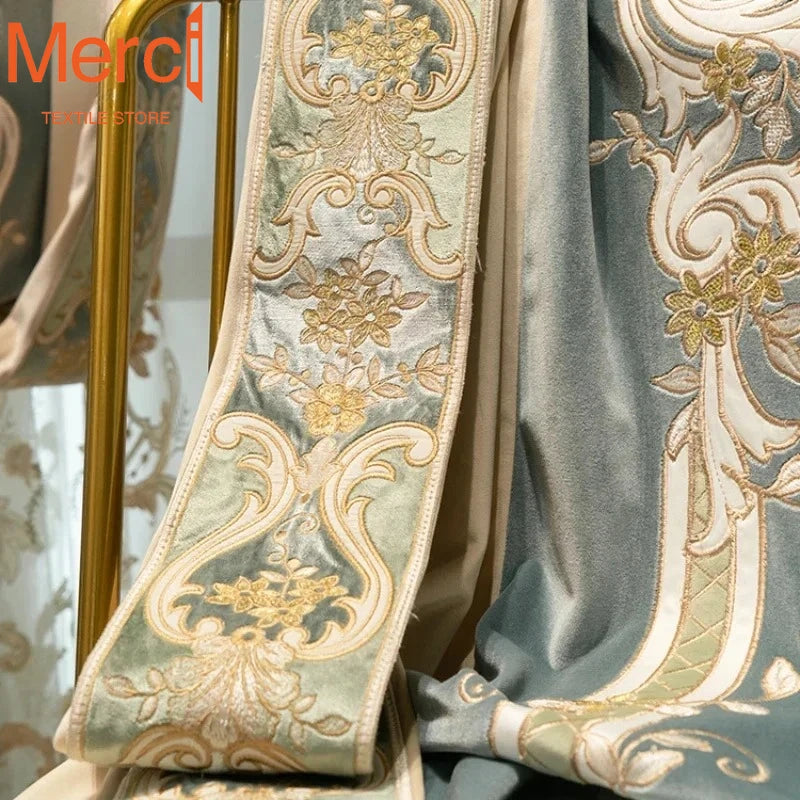 European Embroidered Thickened Blackout Blue Velvet Curtains for Living Room Bedroom Blackout  Lace Luxury Valance Tulle Custom