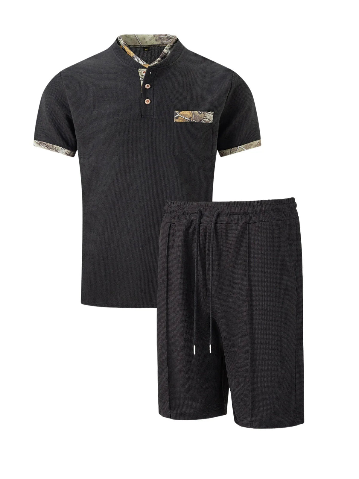 2026 Men Europe and the United States new summer Waffle solid color zip-up lapel short-sleeve suit shorts two sets