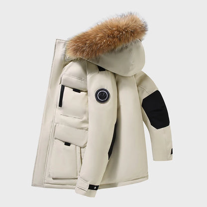 -30 Degree Down Parkas Men Windproof Hooded Thicken Multi-pocket Down Coat Casual Fashion Thick Warm Embroidered Design Parka