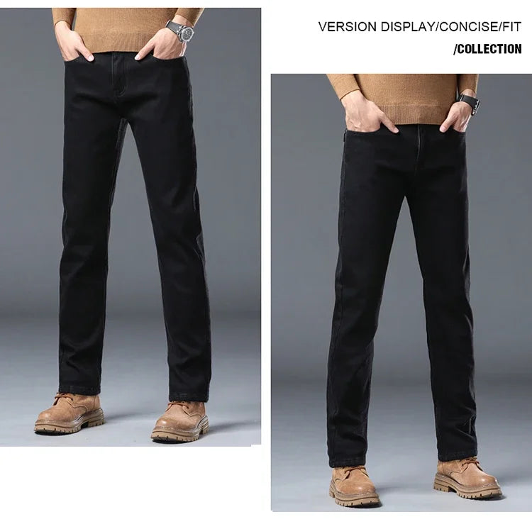 Men's Winter Stretch Fleece Jeans Thickened Warm Loose Straight Velvet Denim Trousers Classic Business Casual Black Work Pants