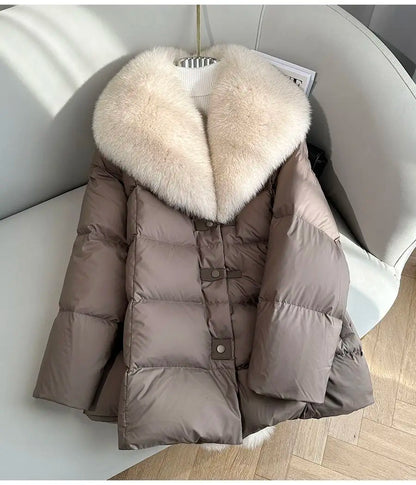 High end Faux Fox fur detachable Large Lapel fur Down Jacket For women 2025 Winter New Medium long Loose White goose Down Coats