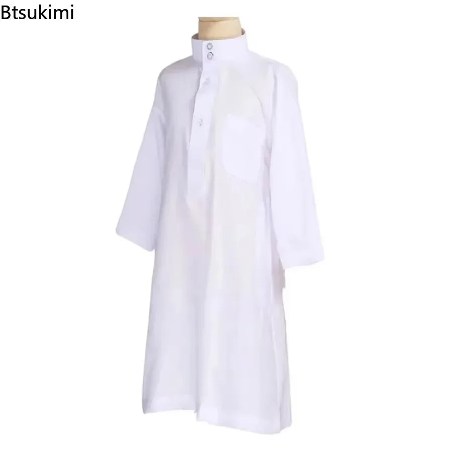 New Islamic Kaftan Children Jubba Thobe Muslim Boys Abaya Kids Burqas White Arab Stand Collar Long Sleeved Robe Muslim Fashion