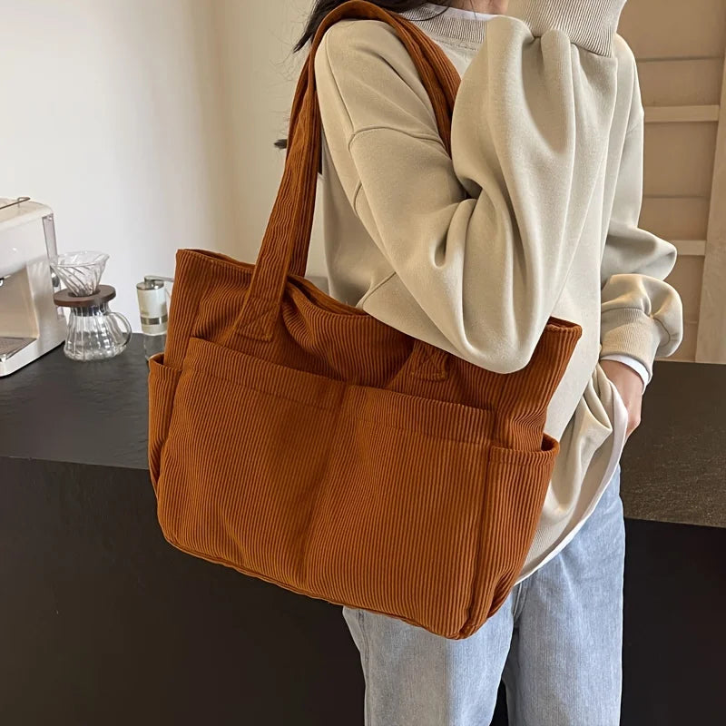 Large Capacity Women's Corduroy Tote Bag Casual Striped Shoulder Bag with Fixed Straps Zipper Handbag for Daily Commuting