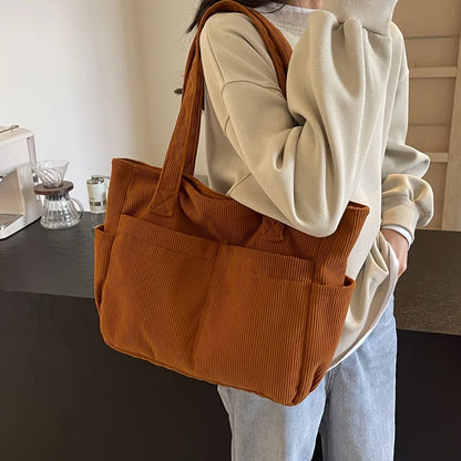 Large Capacity Women's Corduroy Tote Bag Casual Striped Shoulder Bag with Fixed Straps Zipper Handbag for Daily Commuting