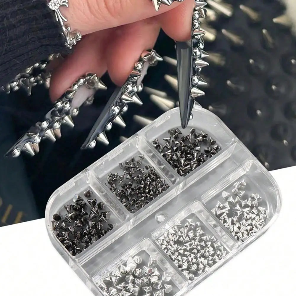 6Grids 3D Mini Punk Metal Rivet Nail Art Charms 1.5/2/3mm Gold Silver Cone Spike Studs Nails Jewels DIY Manicure Decorations ZB