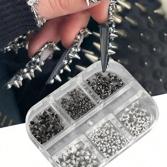 6Grids 3D Mini Punk Metal Rivet Nail Art Charms 1.5/2/3mm Gold Silver Cone Spike Studs Nails Jewels DIY Manicure Decorations ZB