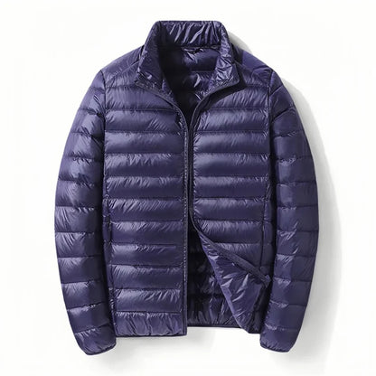 Men White Duck Down Jacket Warm Hooded Ultra Lightweight Packable Coat Winter Water and Wind-Resistant Breathable Down Jacket