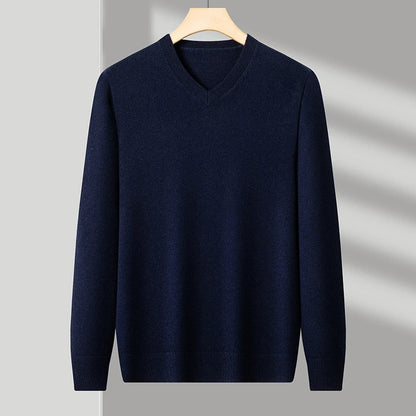 Men's V-Neck Basic Solid Color Sweatshirt Warm Autumn Knitted Oversize Pullover Elastic round Neck Sweater for Casual Wear