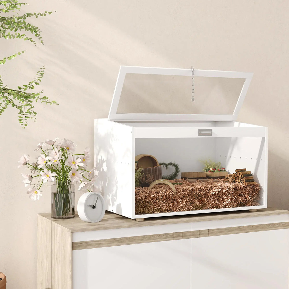 White hamster cage 80x50x50 cm plastic with a hinged lid & acrylic window for small animals